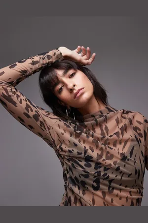 & OTHER STORIES Mesh jersey long sleeve top with drape detail in leopard print