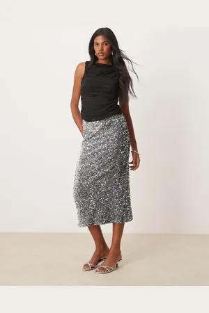 VILA Sequin & velour maxi skirt in grey