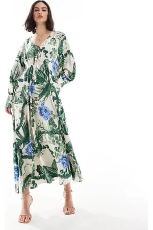 & OTHER STORIES Maxi dress with tie front v-neckline and long sleeves in floral leaf print