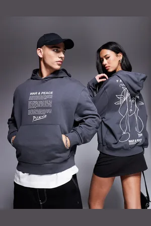 ASOS Unisex oversized boxy hoodie with Picasso line drawing prints in charcoal