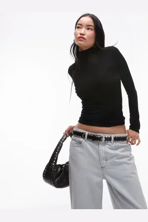Topshop Premium rib long sleeve funnel neck top in black