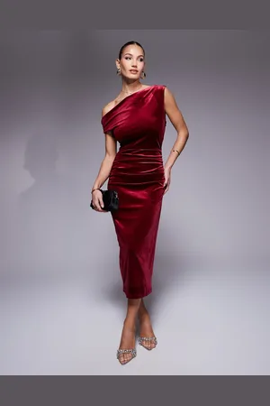 True Violet Velvet drape shoulder midi dress in wine