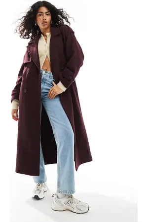 Bershka Wool maxi trench coat in burgundy