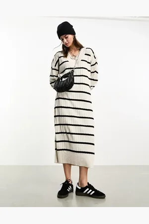 ONLY Knitted v neck midaxi dress in cream and black stripe