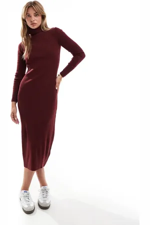 Brave Soul High neck knitted midi dress in burgundy