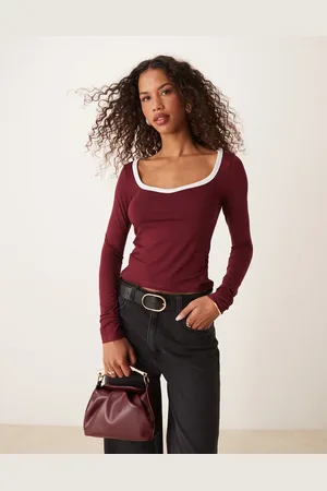ASOS Sweetheart long sleeve top with contrast tipping in burgundy