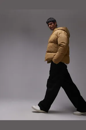 Topman Textured hooded puffer jacket in mustard