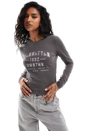 Brave Soul Long sleeve t-shirt in charcoal with print