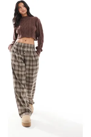 Bershka Button front pull on wide leg trousers in check