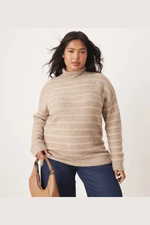 VILA High neck textured knitted jumper in tonal beige stripe