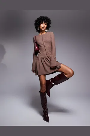 ASOS Dropped waist cosy supersoft long sleeve mini dress in brown