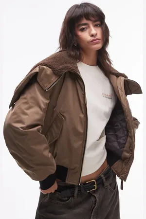 MANGO Borg detail short puffer coat in khaki