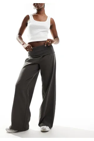 Pull&Bear Turnover waistband wide leg tailored trouser in taupe