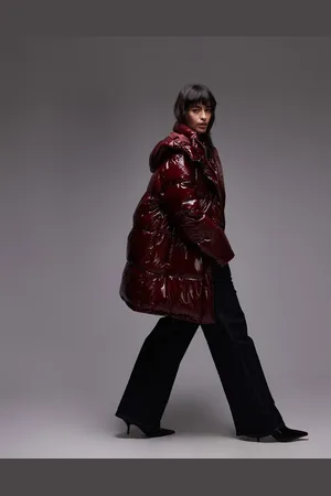 Topshop Mid length puffer jacket with hood in burgundy