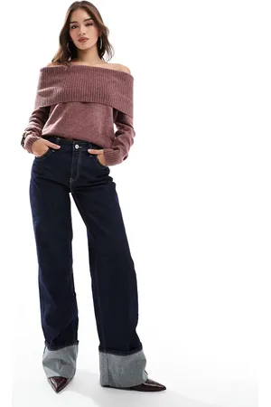 Bershka Turn up wide leg jeans in dark wash