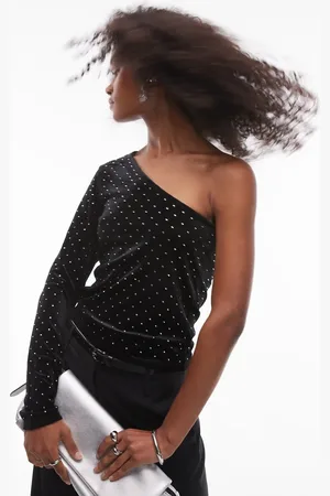 MANGO One shoulder studded velvet top in