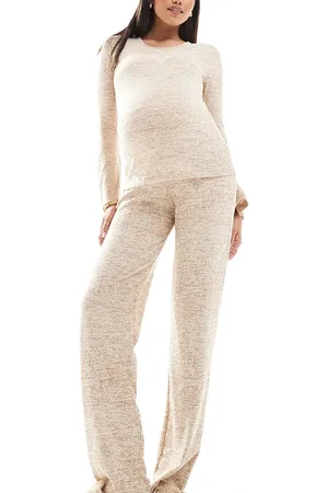 Mama;licious Mamalicious Maternity ribbed jersey flare co-ord in beige melange