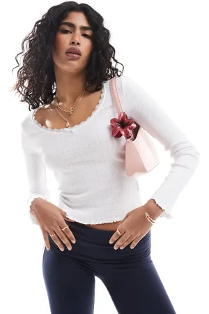 Brave Soul Pointelle long sleeve top with bow detail in cream