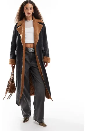 Emory Park Belted faux shearling and denim overcoat in washed