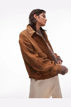 Topshop Premium real suede oversized bomber jacket in tan