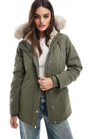 Hollister Teddy faux fur lined hooded parka jacket in dusty olive