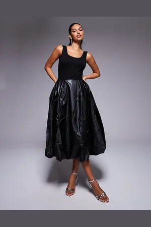Amy Lynn Alexa scoop back puffball midi dress with PU skirt in