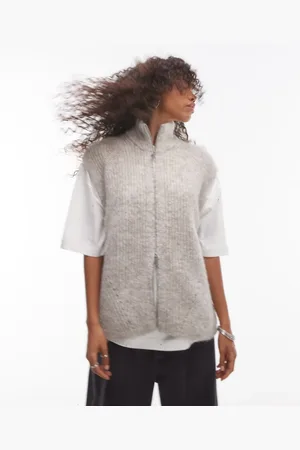 Topshop Knitted longline zip through oversized tank in oat