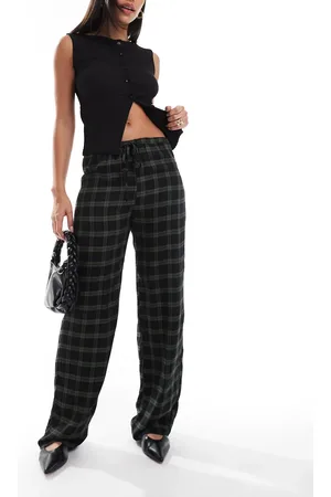 Pull&Bear Wide leg tartan check trousers in and green