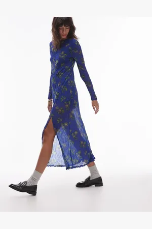 Topshop Sheer crinkle crew neck maxi dress with slit in ditsy print