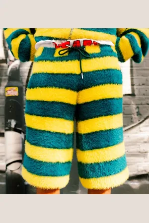 Labelrail X OliBrom fluffy longline shorts in yellow and green stripe co-ord