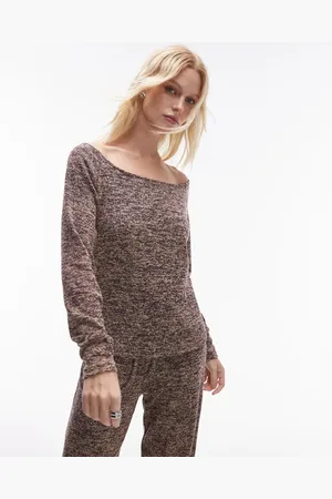 Résumé Resume boat neck long sleeve space dye lightweight jumper in brown melange co-ord