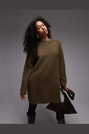 Topshop Knitted fluffy crew oversized dress in khaki