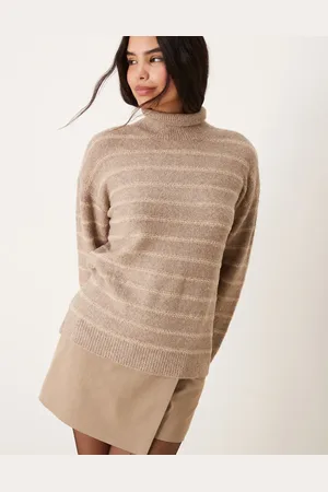 VILA High neck textured knitted jumper in tonal beige stripe