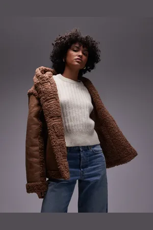Topshop Faux suede hooded jacket in tan