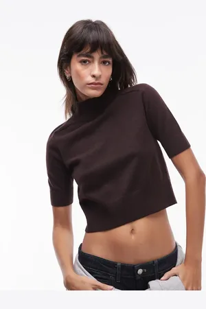 MANGO Short sleeve wool mix knitted top in dark brown