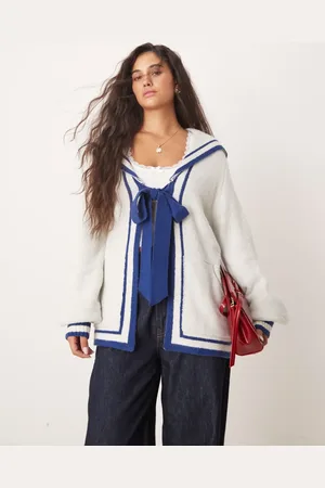 Neon Rose Oversized collar sailor cardigan in cream and navy