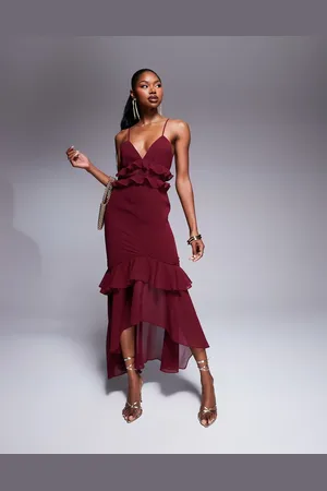 Rare Fashion London ruffle trim high low hem cami maxi dress in dark