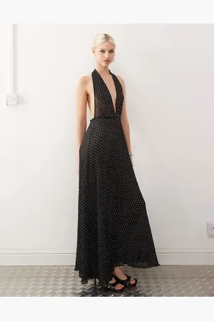 Lioness Plunge backless halter plisse maxi dress in polka dot
