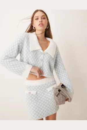 The Frolic Exclusive fluffy diamante button through diamond stitch collar detail cardigan co-ord in