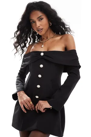 The Frolic Exclusive tailored off shoulder flared sleeve pearl button detail mini dress in