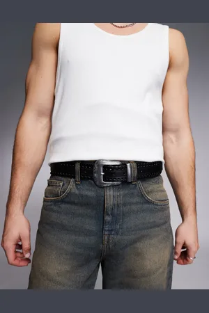 ASOS Faux leather belt with woven detail and western buckle in