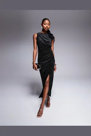 Rare Fashion London velvet diamante sleeveless thigh split midaxi dress in