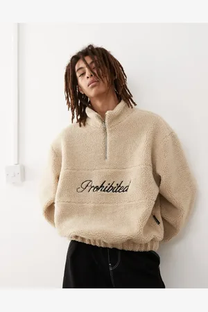 Prohibited Half-zip borg sweatshirt with script logo detail in cream