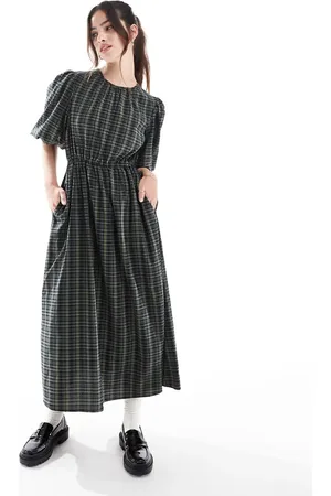 Threadbare Check midi dress with puff sleeves