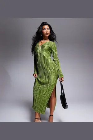 In The Style Exclusive tie front plisse maxi dress in khaki