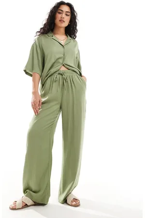 VILA Linen touch tie waist wide leg trousers co-ord in
