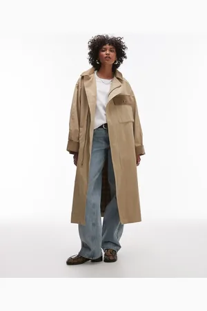 Topshop Heritage trench coat with check lining in camel