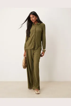 VILA Plisse wide leg trouser co-ord in dark olive