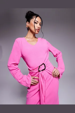 DASKA Long sleeve maxi dress with fluted hem and belt detail in pink