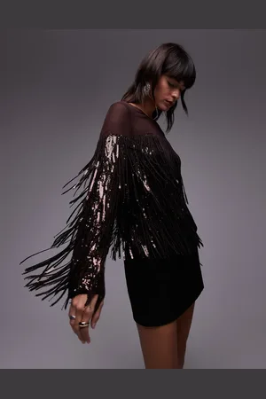 & OTHER STORIES Co-ord tassel fringe sequins top with sheer panels in wine